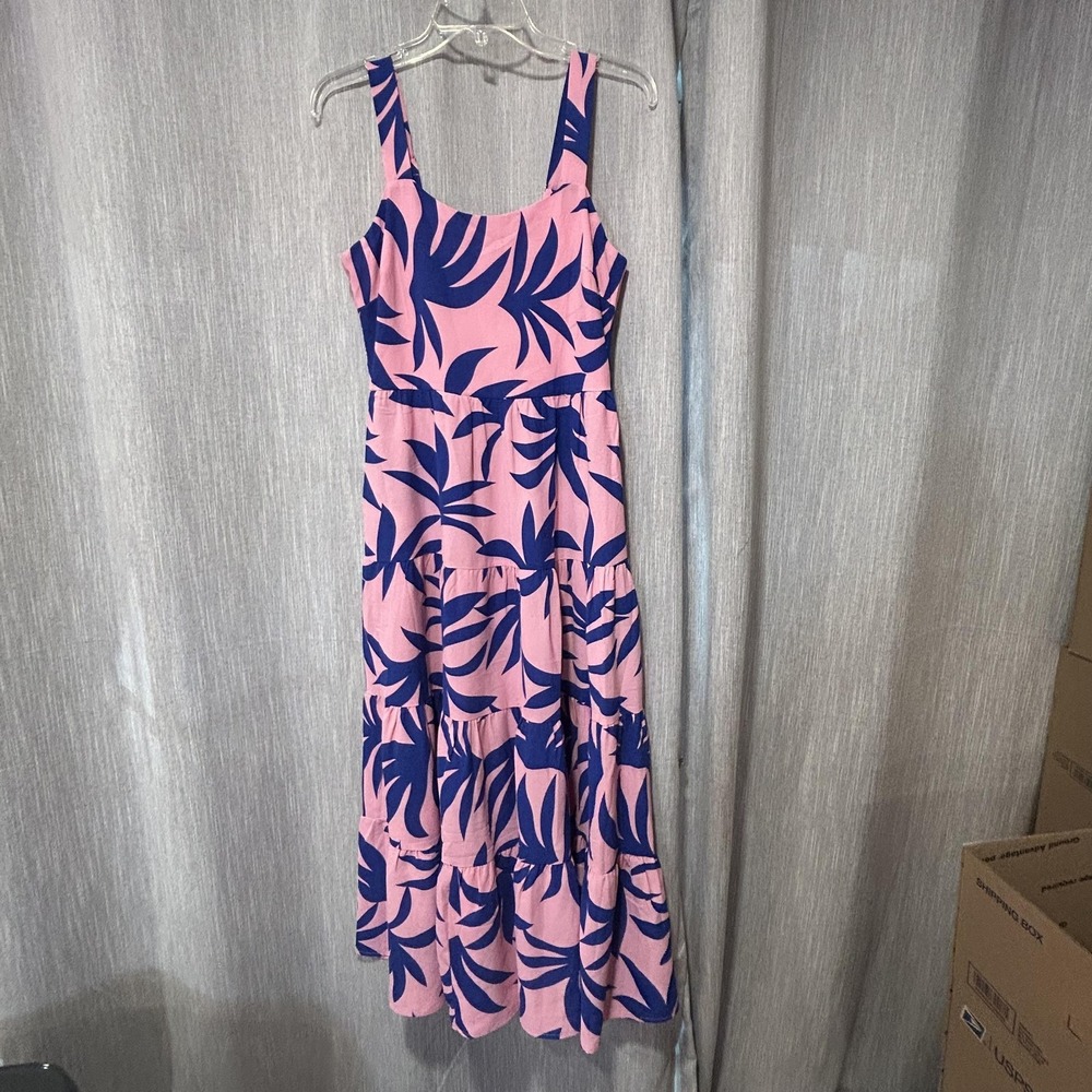 PrettyGarden Dress Womens Small Pink Blue Tropical Maxi Sundress Pockets Tiered